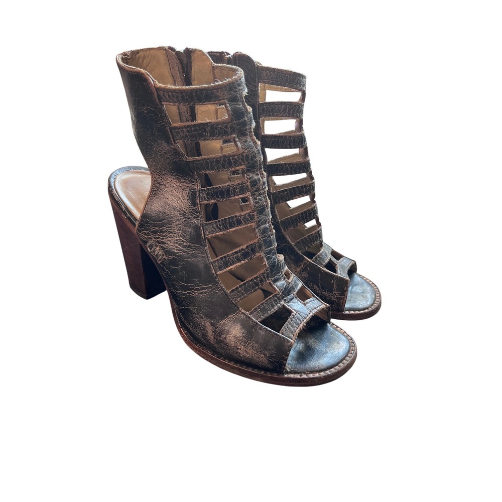 Bed Stu‎ Glaye Black Handwash Leather Cage Gladiator Sandals Block Heel Womens 8